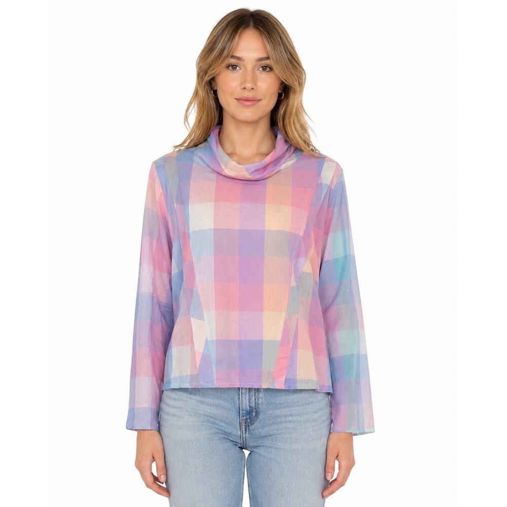 1990s Shirt Accent Pastel Plaid Semi Sheer Turtleneck Blouse Medium
